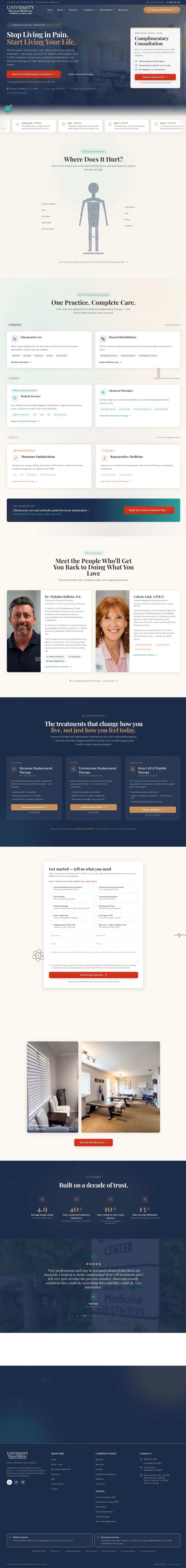 University Physical Medicine website built by Revive Agency — chiropractic and physical medicine practice with symptom finder and intake form